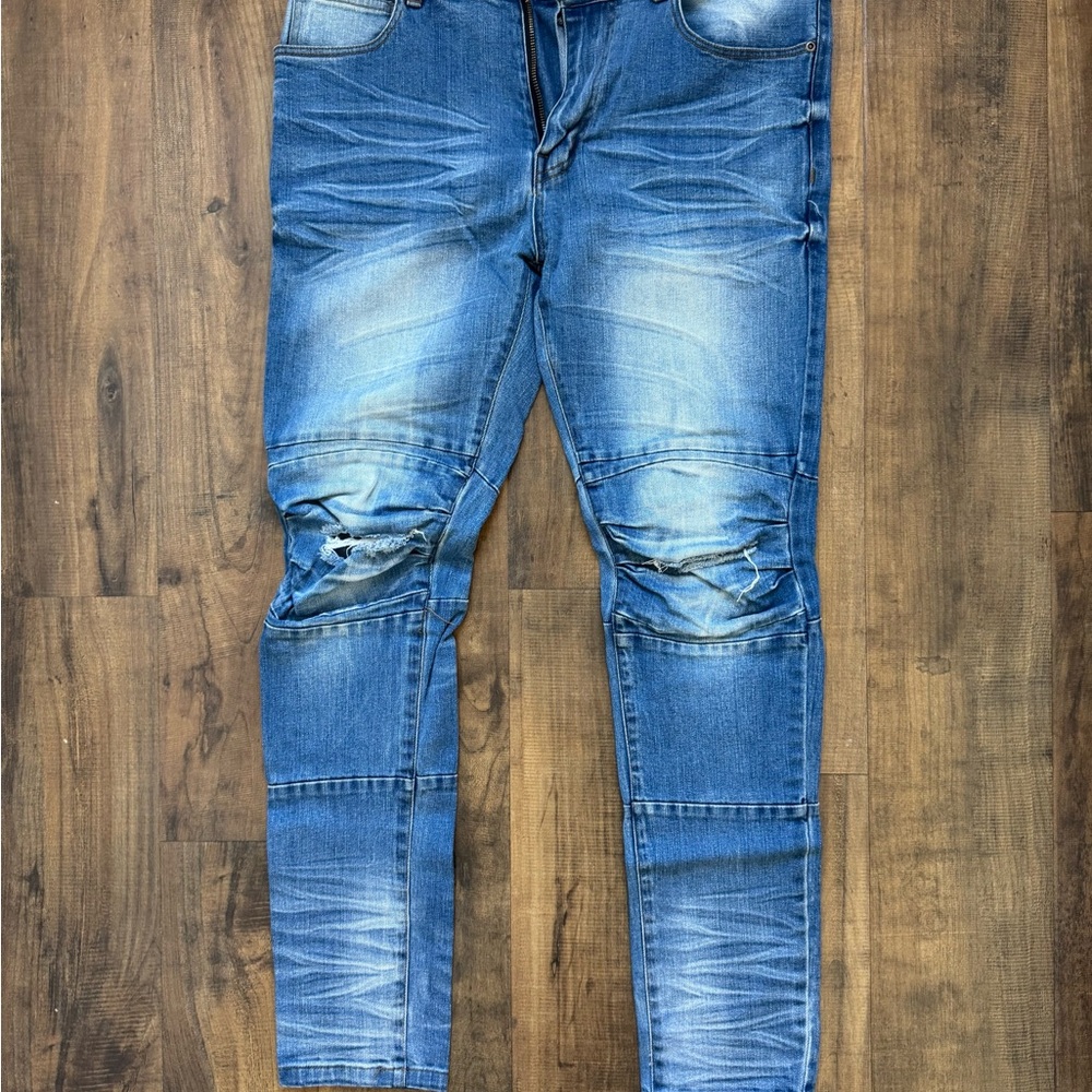 Blue Skinny Distressed Jeans with Fading